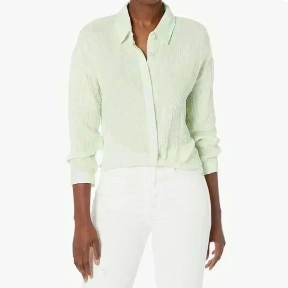 Monrow Women's Gauze Relaxed Blouse Faded Lime Green Size Medium NWT - Picture 1 of 6